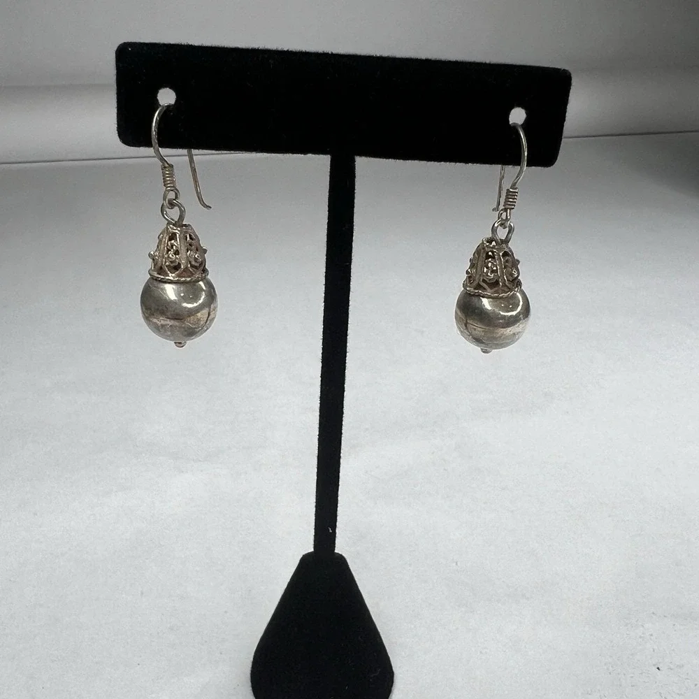 MC Vintage Sterling Silver‎ 925 Filigree Cone Bead Ball Dangle Earrings